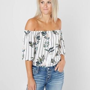 Daytrip Striped Off Shoulder Top Black White Floral